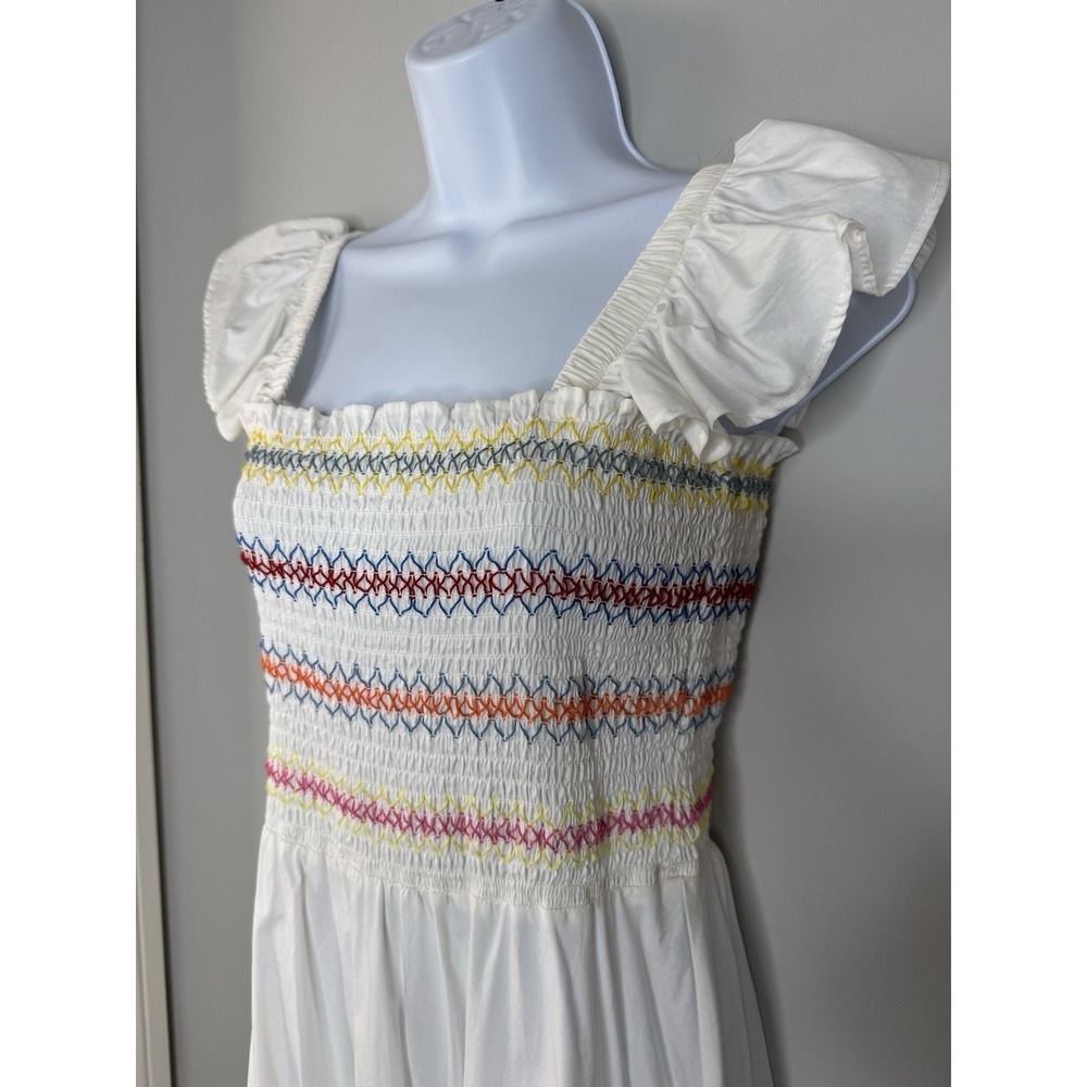 White Smocked Milkmaid Dress Sz S Cottagecore Puff Sleeve Rainbow Stitch Maxi - Picture 2 of 9